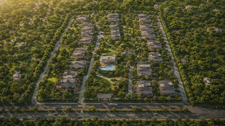 Godrej Soukya Road full top-down aerial of the 20-acre campus with central clubhouse and pool