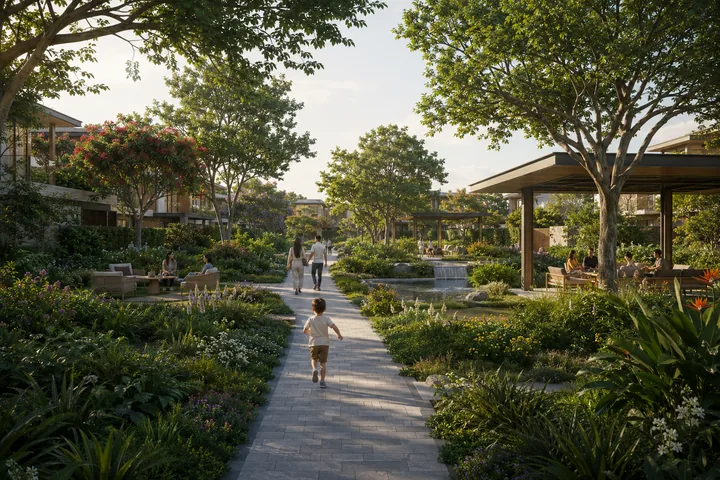 Godrej Soukya Road central landscape spine with residents walking along native planting