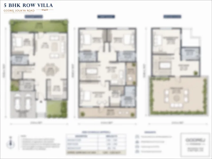 Godrej Soukya Road 5 BHK row villa floor plan with ground, first and second floor layouts