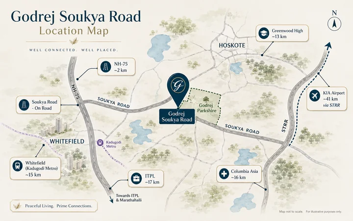 Godrej Soukya Road location map showing Soukya Road and Whitefield landmarks